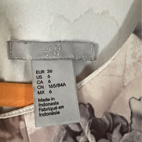 H&M Chiffon Floral Print Trapeze Dress Pleated Neckline Sleeveless Gray Cream 6 - Picture 5 of 5
